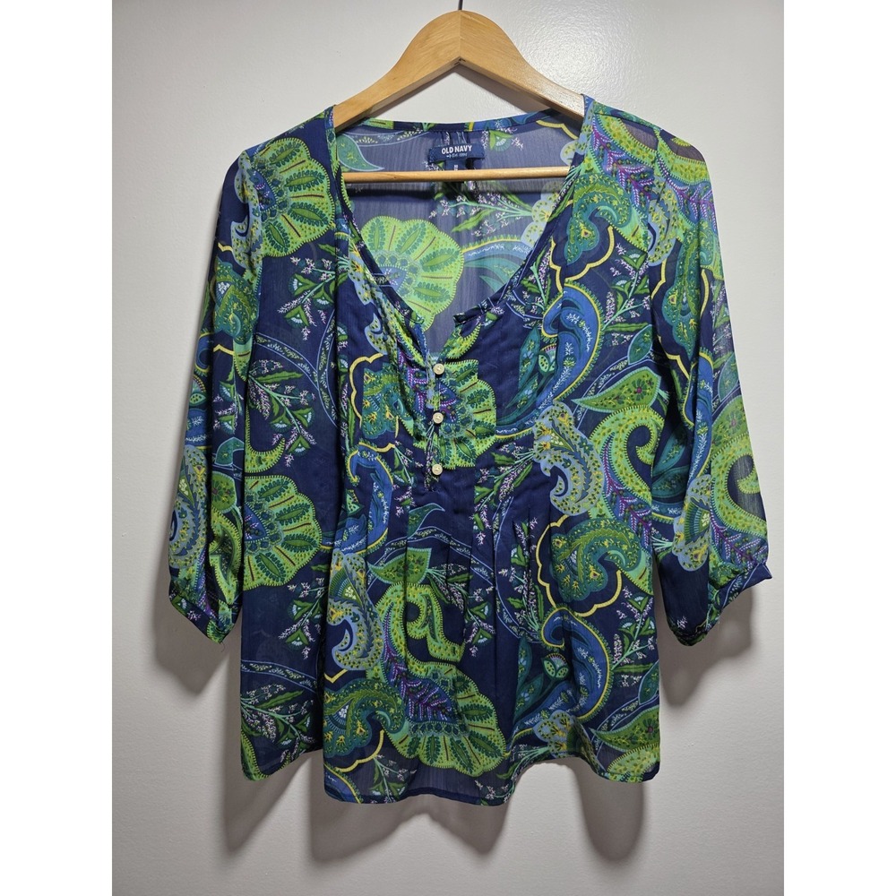 Old Navy Size Women's Blous Paisley Print Sheer Boho 3/4 Sleeve Top Size XS